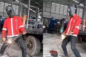Aksi kocak tukang las sedang main 'gitar' ini bakal bikin kamu melongo