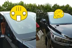 Bikin heran, mobil sedang parkir ini kacanya tertembus benda sepele