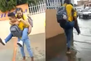 Gendong pacarnya menerjang banjir, ending aksi pria ini bikin ngakak