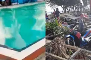 Momen kolam renang Lanal Juanda tiba-tiba berombak besar sebelum gempa