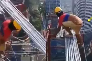 Tanpa alat pengaman, aksi pekerja di gedung tinggi ini bikin gemeteran