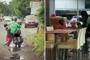 11 Potret perjuangan driver ojek online bawa anaknya bekerja