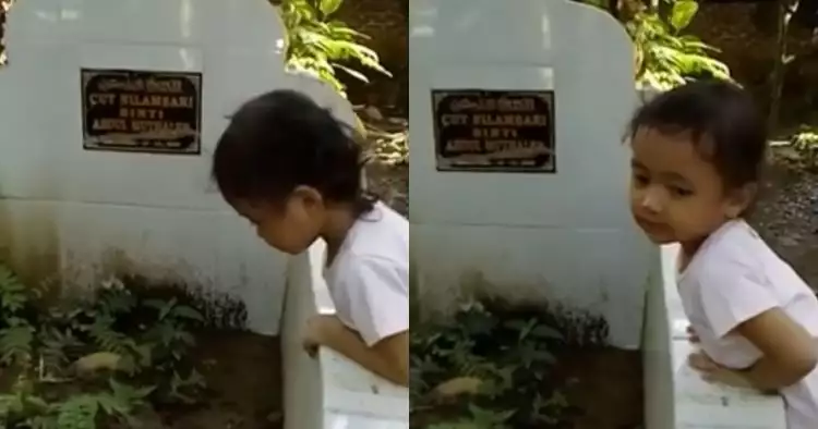 Reaksi bocah pertama kali lihat makam ibunya ini bikin haru