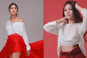 9 Pesona Garneta Haruni kenakan gaun belahan tinggi