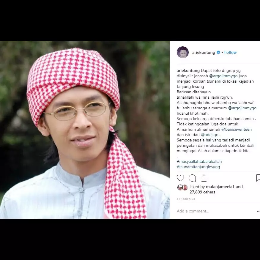 Arie Untung kabarkan Aa Jimmy jadi korban meninggal tsunami Banten