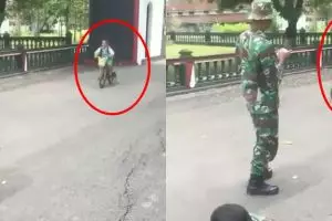 Viral bocah bersepeda di markas TNI & tabrak senapan, bikin ketawa