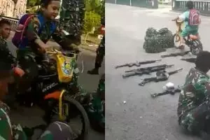 4 Aksi lucu Richo, bocah bersepeda yang tabrak senapan milik TNI