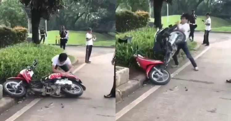 Ditilang karena tak pakai helm, pria ini ngamuk merusak motornya