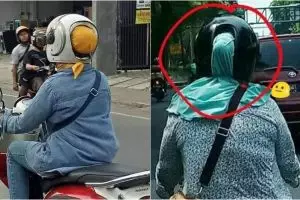 10 Aksi emak-emak pakai helm ini bikin gagal paham