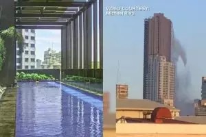 Video air dari kolam renang di pucuk gedung tumpah karena gempa