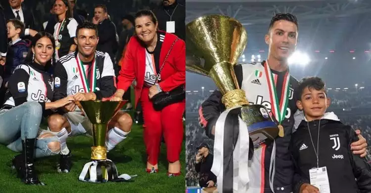 Momen anak Ronaldo tak sengaja terbentur trofi Liga Italia