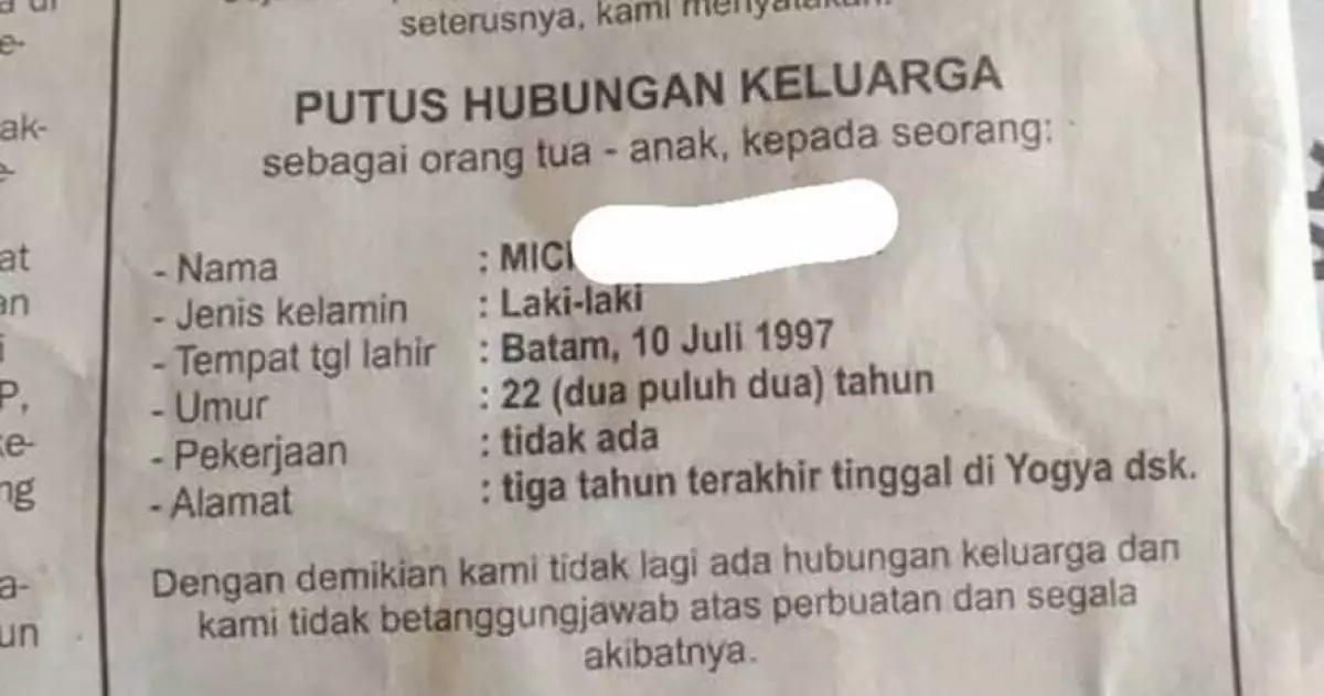 Duh, cowok ini dicoret dari Kartu Keluarga via pengumuman koran