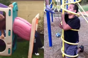 10 Potret orang dewasa terjebak di wahana anak kecil ini bikin ngilu