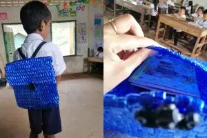 Tak punya duit, ayah ini anyam tas anak dari rafia