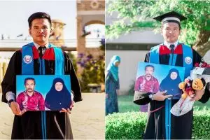 Bapak ibu sudah meninggal, Amir bawa foto keduanya saat wisuda