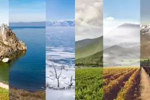 8 Foto kolase ini gambarkan perbedaan tempat dari musim ke musim