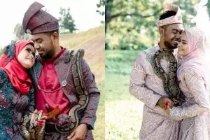Pengantin ini ganti buket bunga dengan ular, berikut 10 potretnya