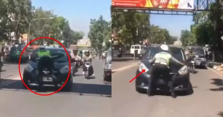 Aksi heroik polisi berhentikan pengemudi sampai naik ke kap mobil
