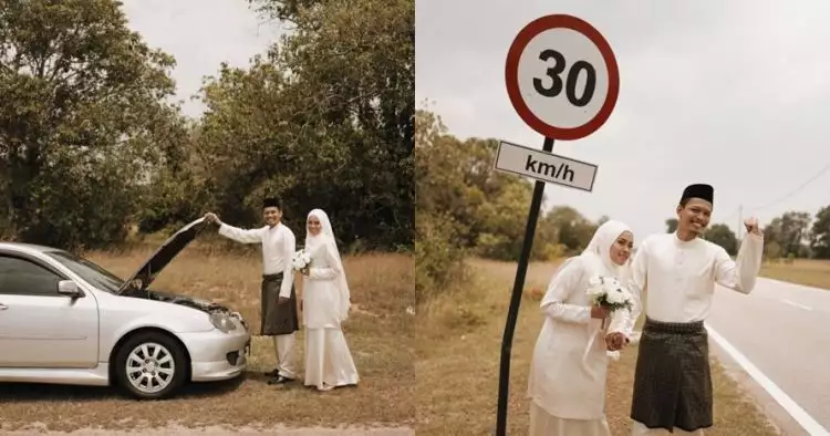 Mobil mogok di tepi jalan, foto pasangan pengantin ini keren