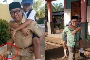 Muridnya patah kaki, guru ini gendong untuk antar jemput sekolah