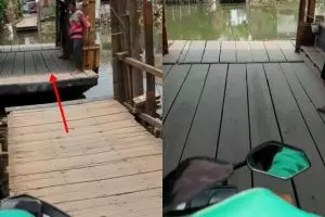 Lagi buru-buru, driver ojek online ini potong jalan nyebrang kali