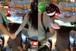 Viral pasangan gandengan di ojek online berbeda, kocak