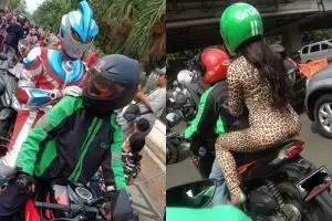 8 Gaya busana penumpang ojek online ini absurd, bikin heran