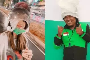 6 Momen helm ojek online basah ini apes banget