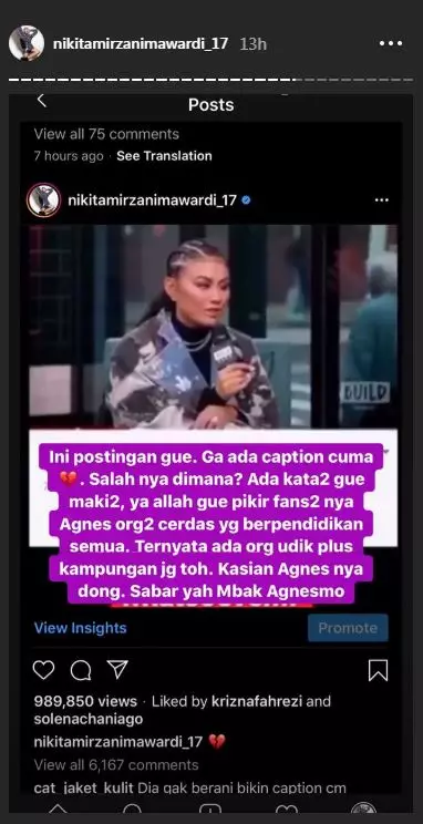 Niki geram diserang fans Agnez  Instagram 