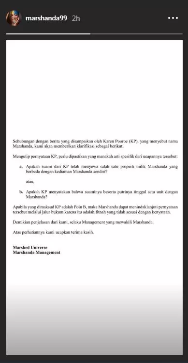 Klarifikasi Marshanda  Instagram 