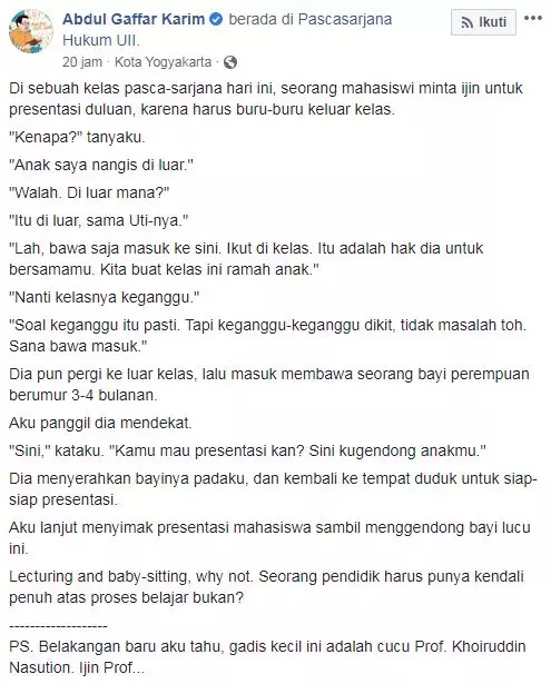 dosen persilahkan mahasiswi bawa anak © Facebook/agkarim