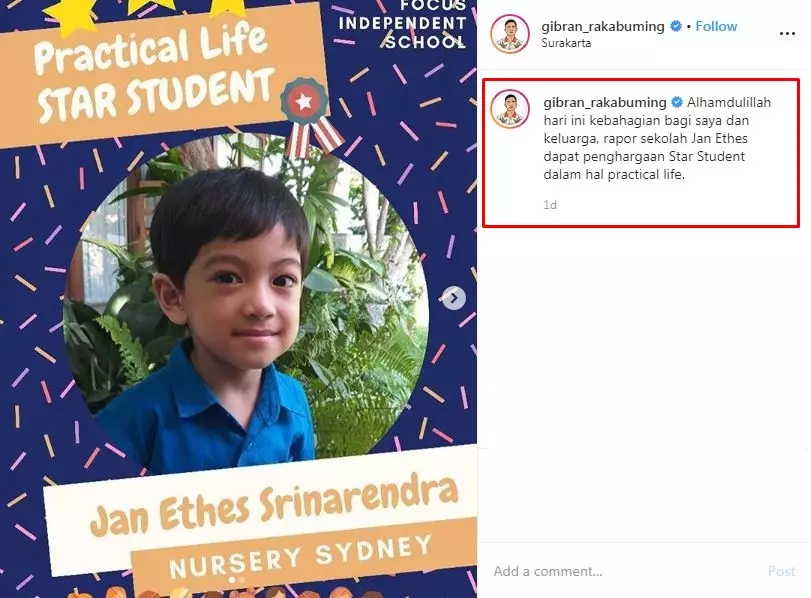 Jan Ethes terima rapor sekolah, ini reaksi Gibran Rakabuming © 2019 instagram.com