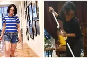 Banjir surut, ini 6 potret Yuni Shara bersih-bersih rumah