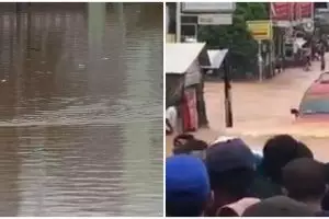 Detik-detik angkot terjang banjir ini bikin heboh