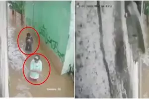 Detik-detik warga nyaris tertimpa tembok ambruk saat banjir