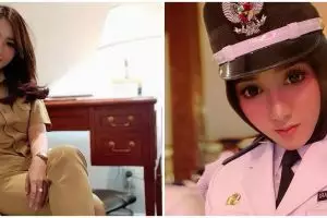 9 Potret pedangdut Angely Emitasari berseragam dinas kepala desa