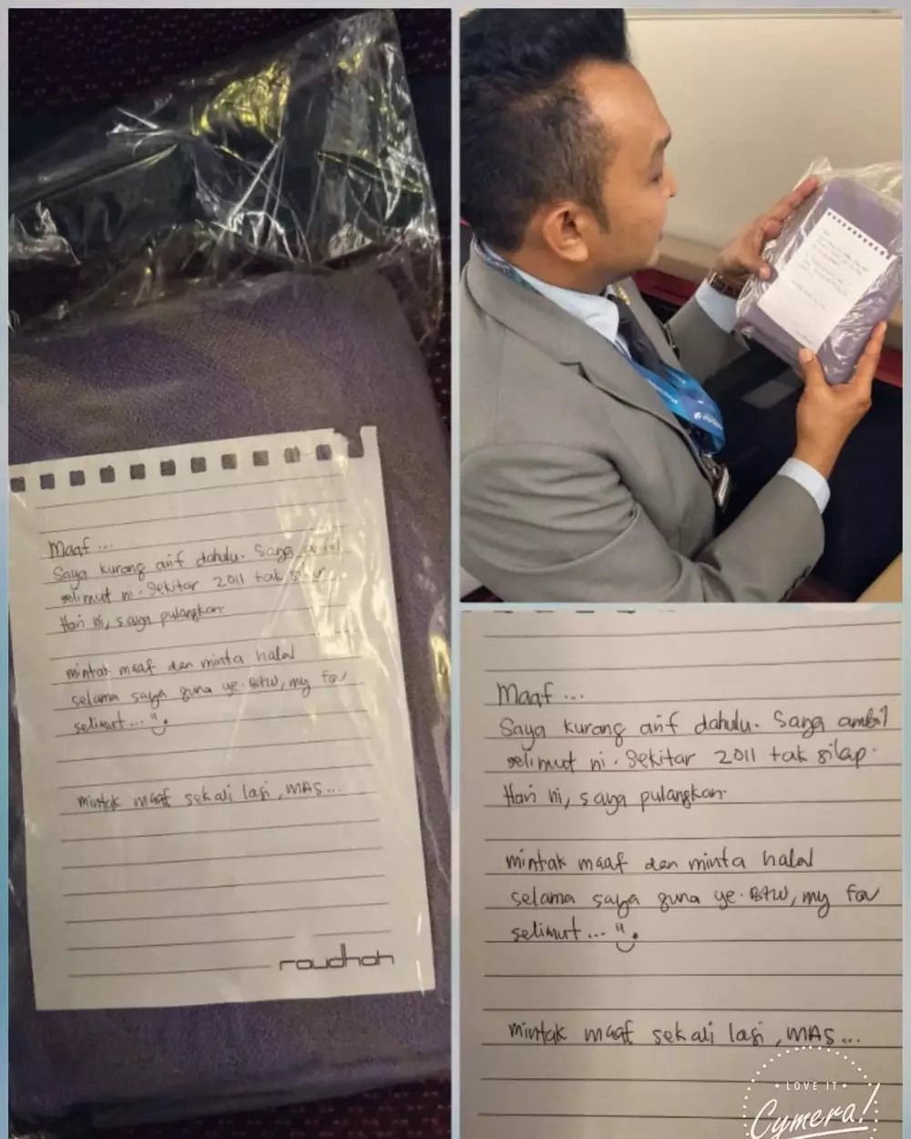 kembalikan selimut pesawat 9 tahun lalu © Twitter/@Hazrey