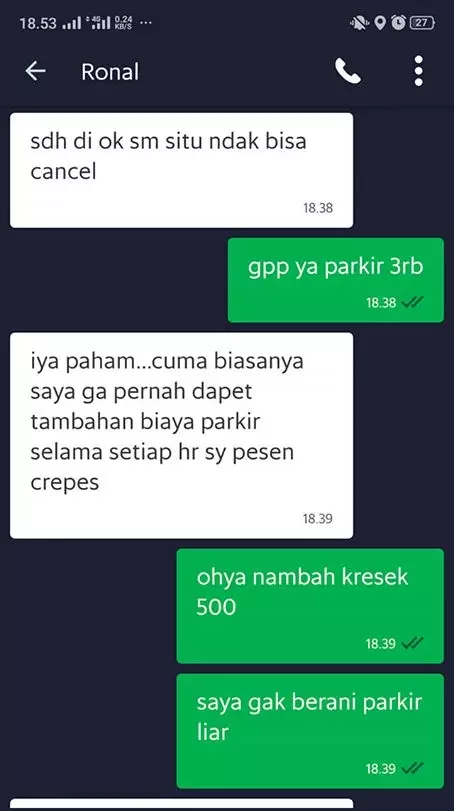 chat wa penumpang gegara uang parkir © Facebook/zoonymae