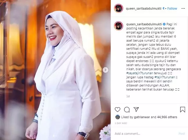 Sarita Abdul Mukti hidup dengan honor endorses Instagram/@queen_saritaabdulmukti Sarita Abdul Mukti hidup dengan honor endorses Instagram/@queen_saritaabdulmukti