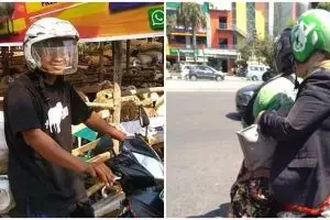 10 Cara nyeleneh pakai helm ojek online, bikin ketawa