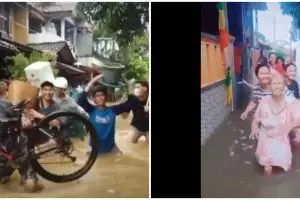7 Aksi warga bikin video TikTok saat banjir, bikin ketawa 