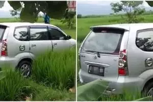 Viral mobil terjebak di tengah sawah tanpa jejak ban