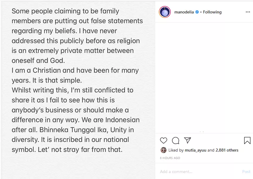 Manohara angkat bicara soal keyakinan  Instagram