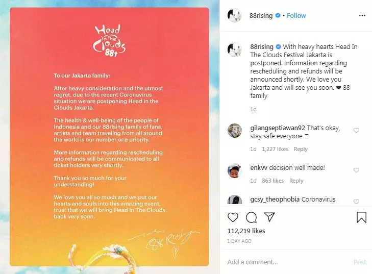 konser batal digelar © 2020 Instagram/@88rising ; @lacunacoilofficial 
