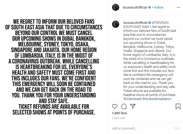 konser batal digelar © 2020 Instagram/@88rising ; @lacunacoilofficial 