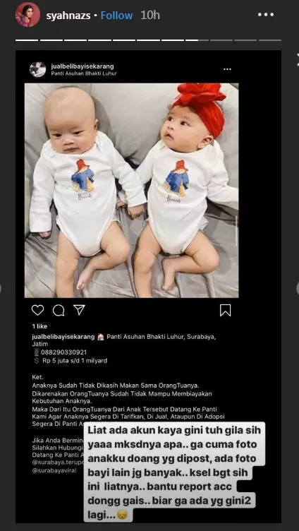foto anak kembar Syahnaz masuk akun jual beli bayi Instagram