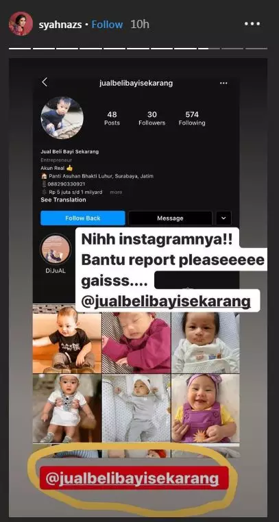 foto anak kembar Syahnaz masuk akun jual beli bayi Instagram