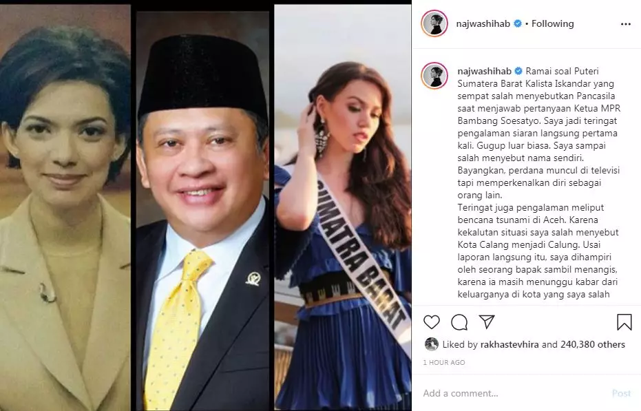 Dukungan Najwa Shihab untuk Kalista Iskandar Instagram