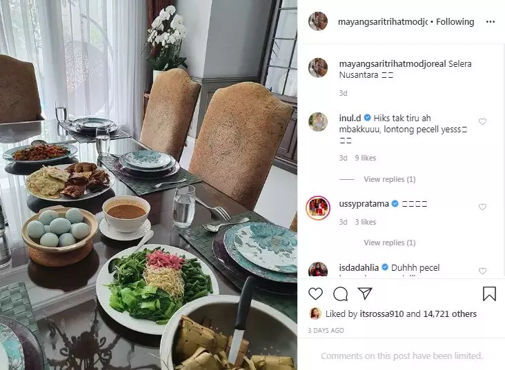 menu masakan Mayangsari © 2020 Instagram/@mayangsaritrihatmodjoreal