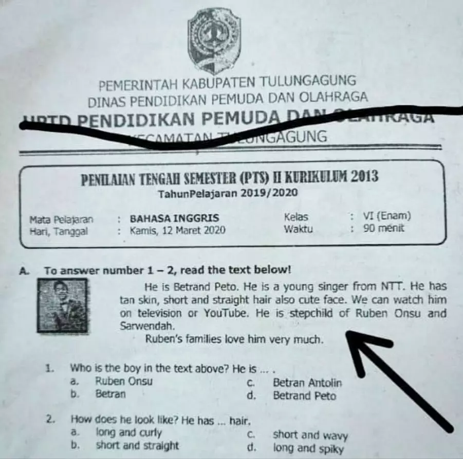 Nama Betrand Peto ada di soal ujian sekolah Instagram